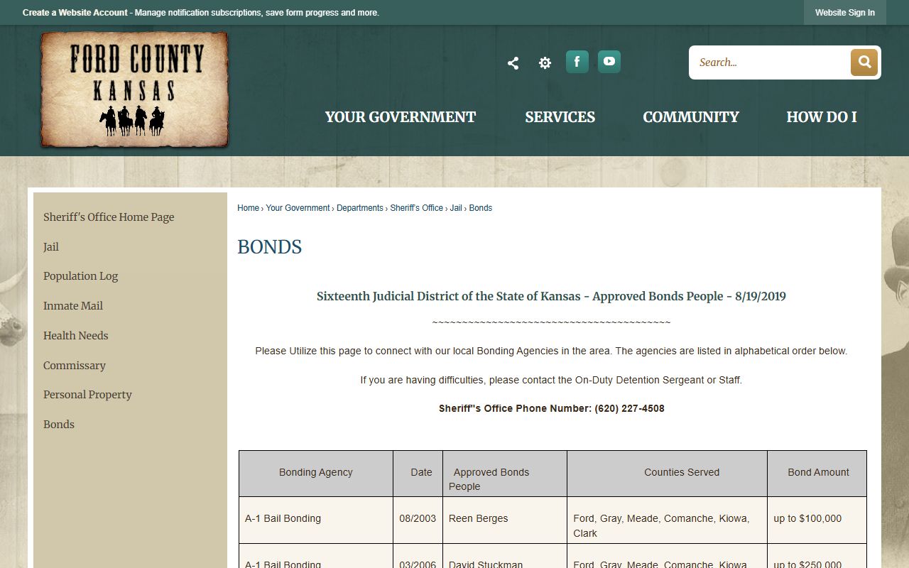Ford County Jail Sixteenth Judicial District bond list for Gray County inmates
