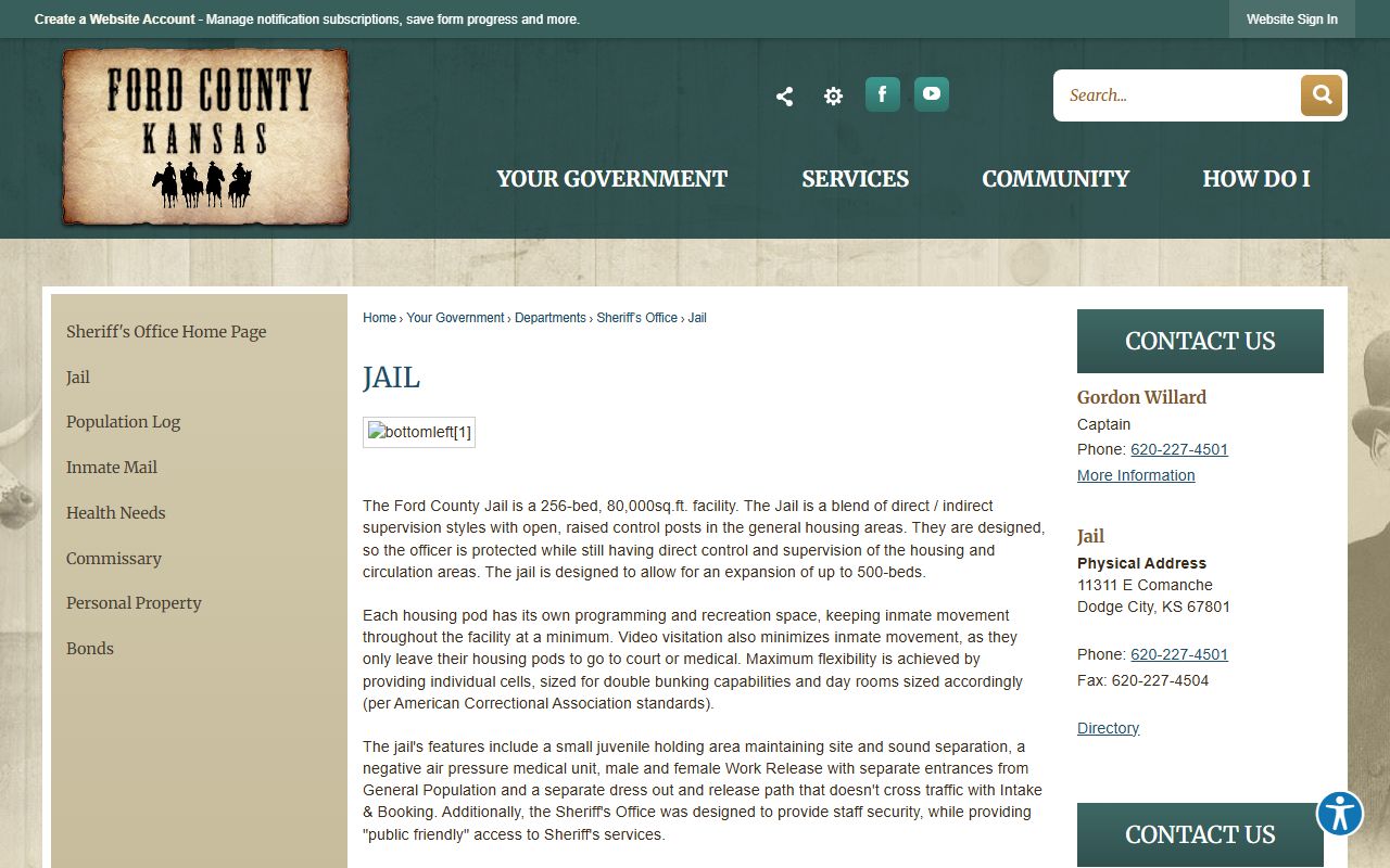 Ford County Jail official facility page for Gray County inmate lookup