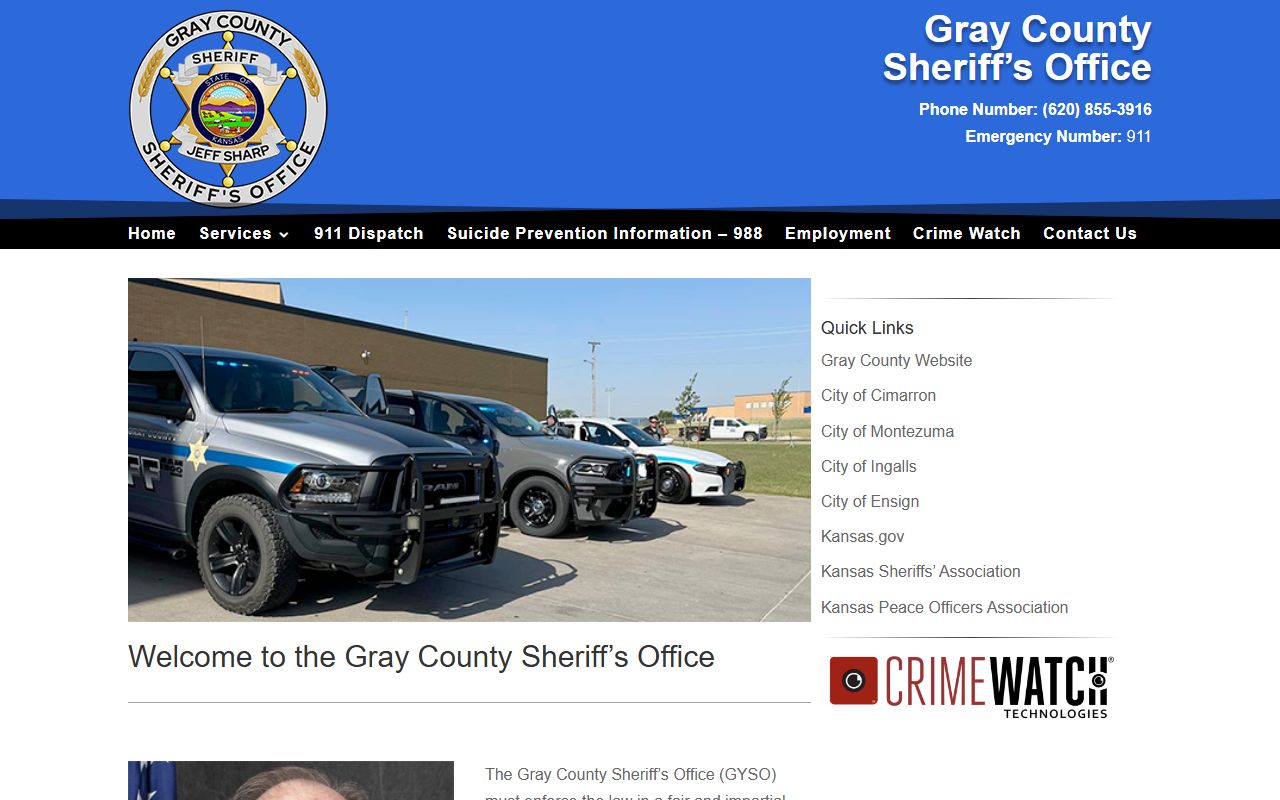 Gray County Sheriff homepage for inmate population and arrest contacts