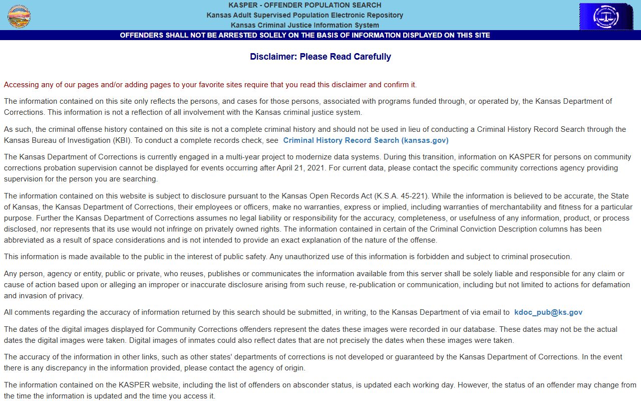 KASPER disclaimer for Gray County inmate records after sentencing